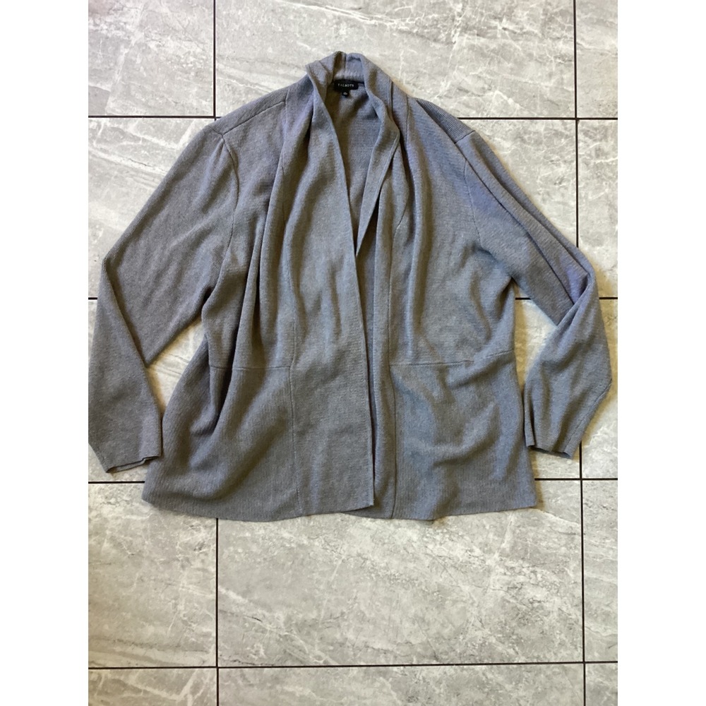 Talbots Womens XL Gray Open Front Cardigan Cotton Rayon Split Back Sweater